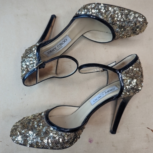 Jimmy Choo London women's 3.5" Heels Size 36 . Golden sequins and black patent l - Picture 7 of 11